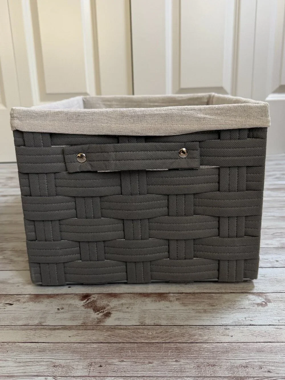 Pair Woven Fabric Baskets with Linen Liner Gray Beige 15